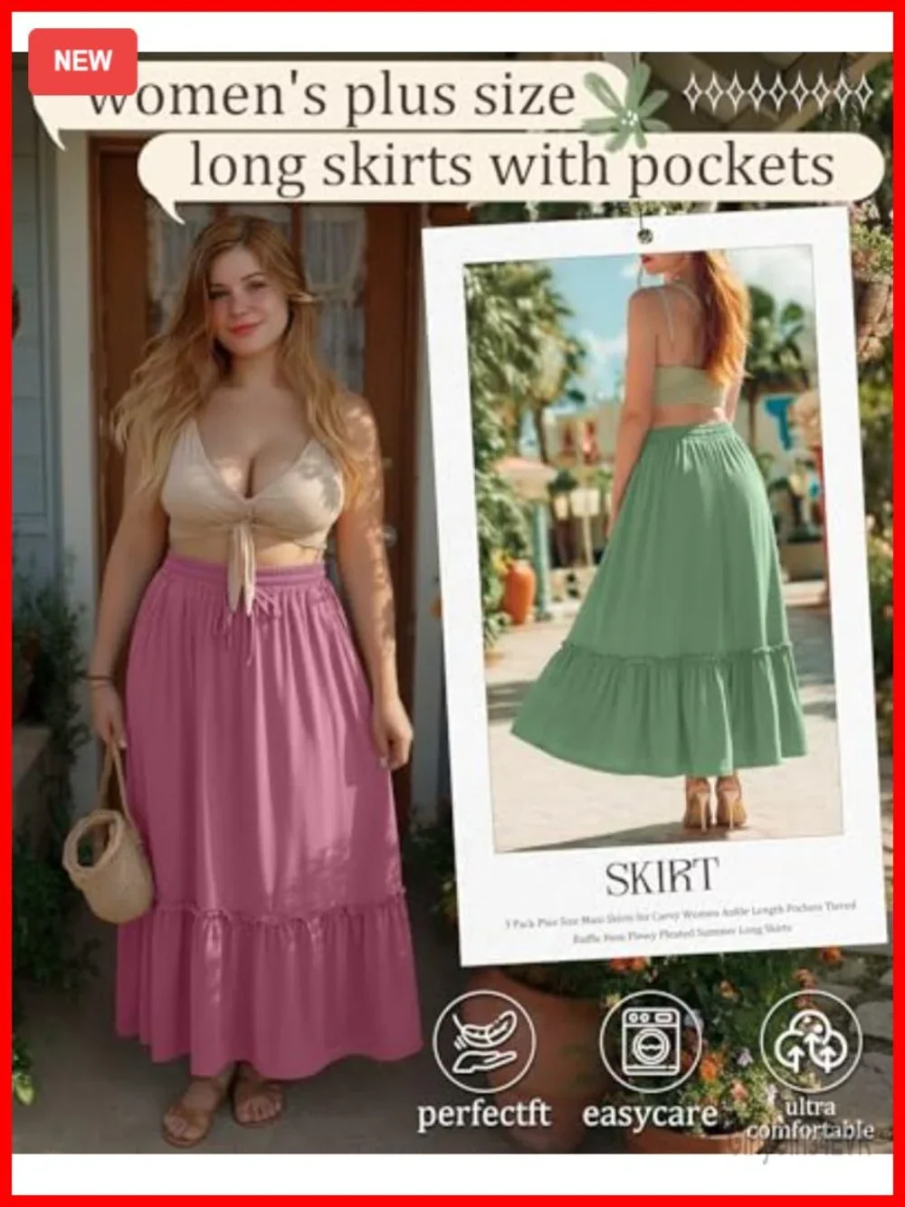 Plus Size Tiered Ruffle Maxi Skirt 3 Pack Drawstring Elastic Waist